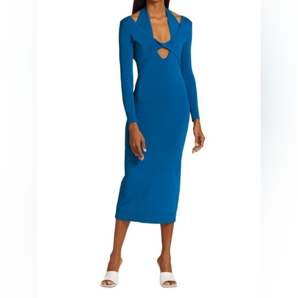 MONSE Long Sleeve Cut Out Knit Dress In Azure Sz L Org $990